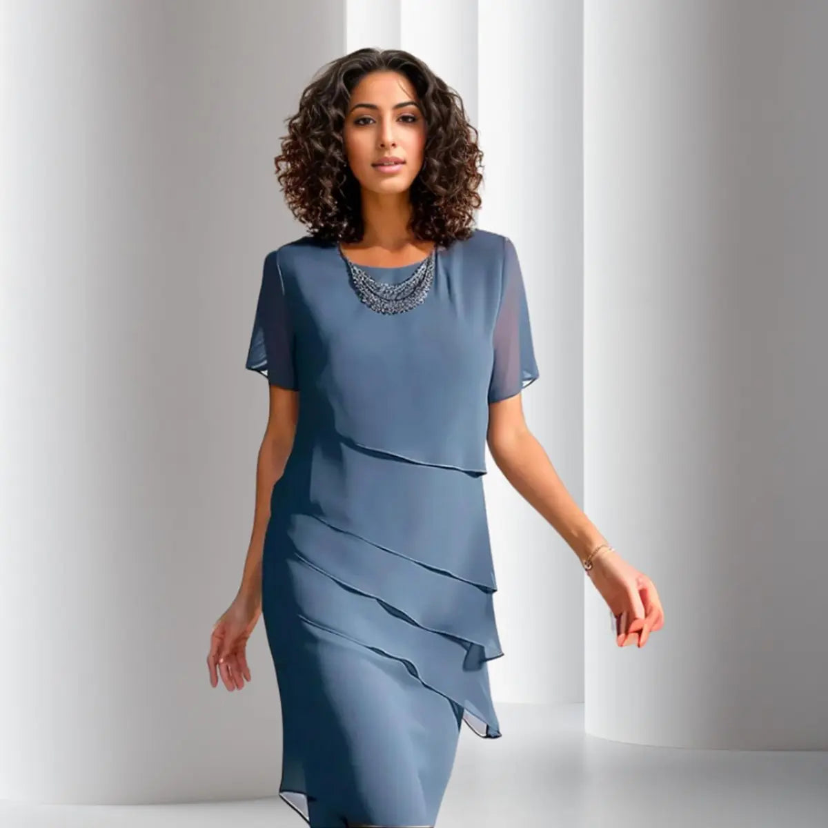 Women's Layered Chiffon Cocktail Party Dress Short Sleeve Tiered Midi - Blue