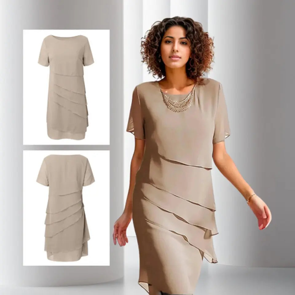 Women's Layered Chiffon Cocktail Party Dress Short Sleeve Tiered Midi