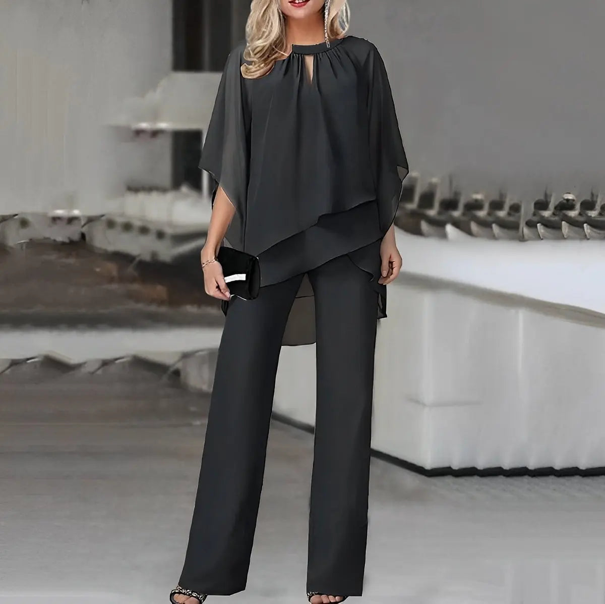 Women's Layered Chiffon Wide Leg Pants Two-Piece Set - Black