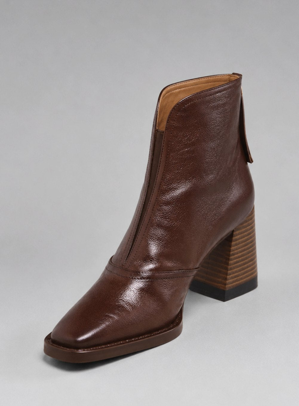 Women's Leather Ankle Boots Block Heel Square Toe - Brown