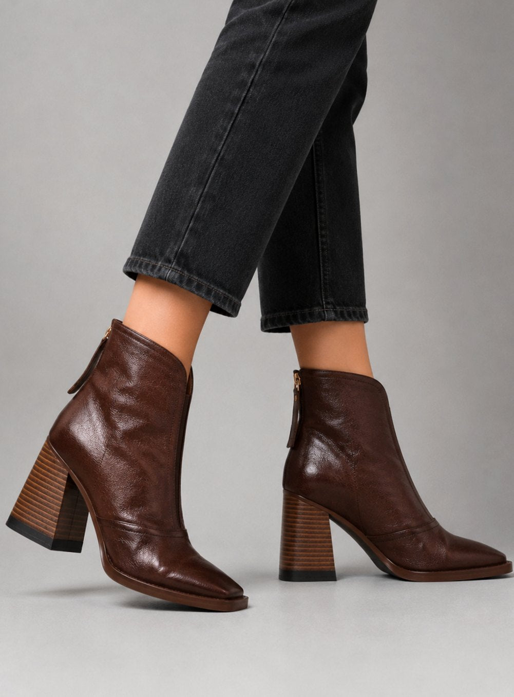 Women's Leather Block Heel Square-Toe Ankle Boots