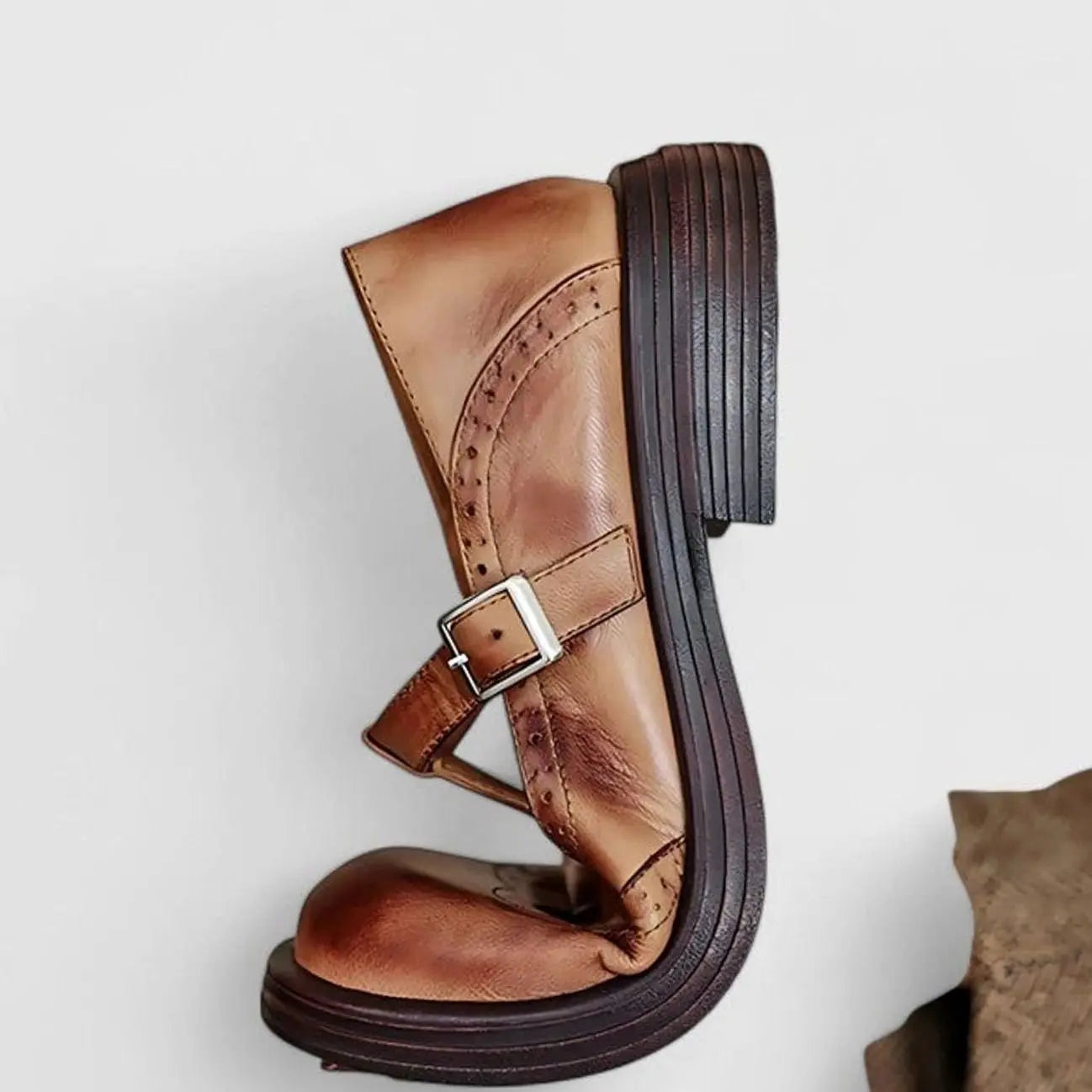 Women's Leather Brogue T-Strap Shoes Buckle Closure