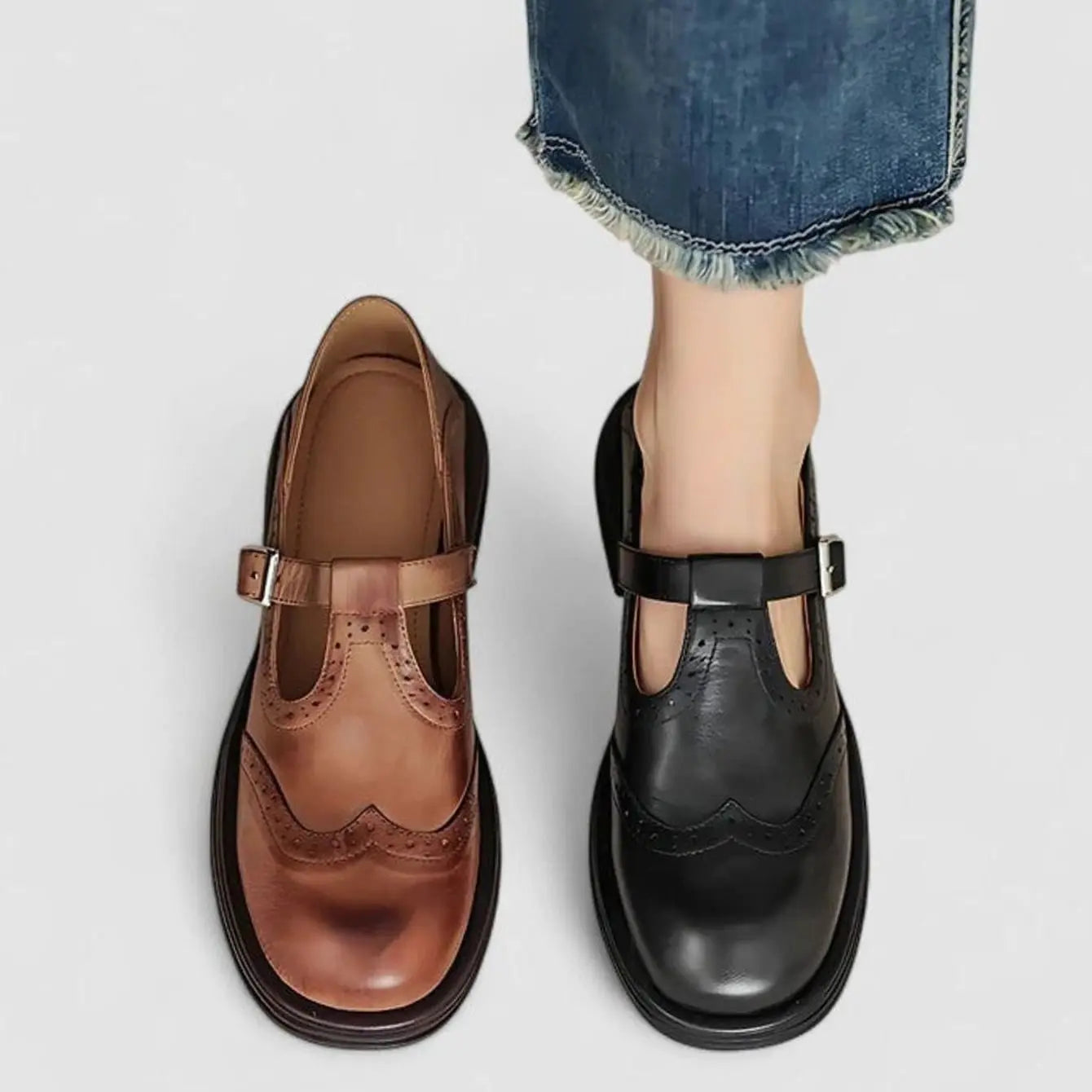 Women's Leather Brogue T-Strap Shoes Buckle Closure