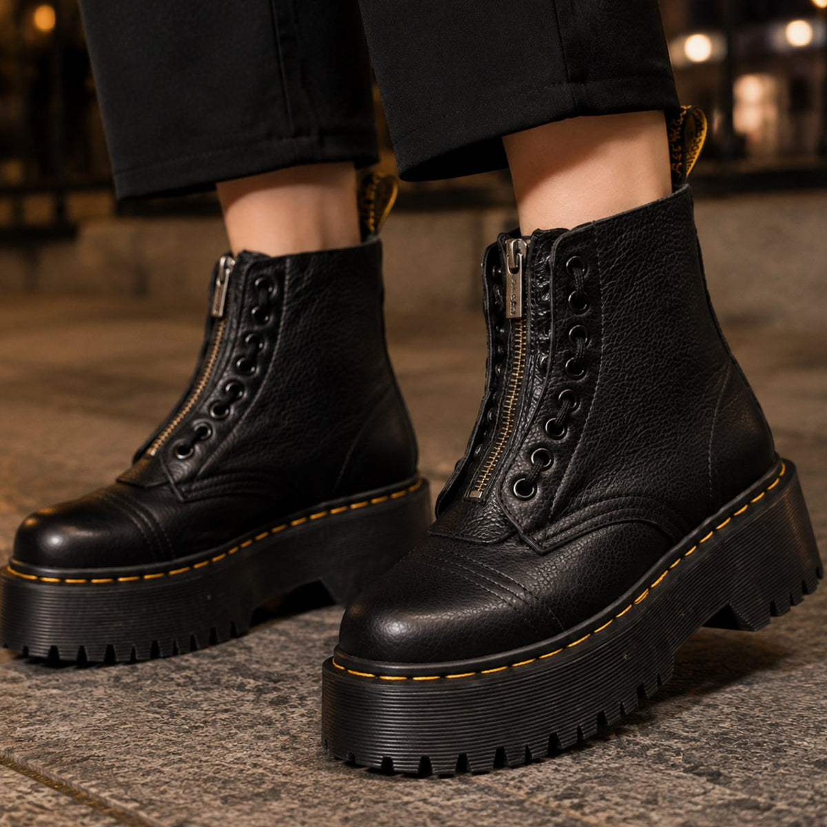 Women's Leather Front-Zip Chunky Platform Boots - Black