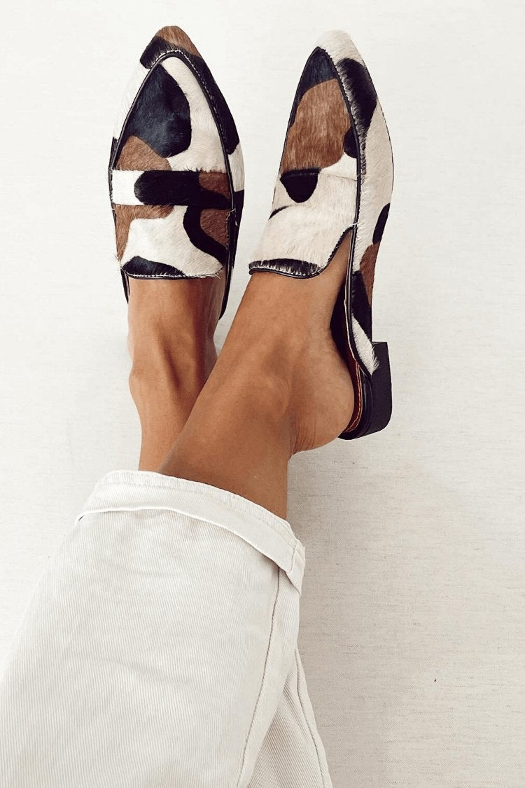 Women's Leather Loafers Abstract Cow Print Pattern - Black And white