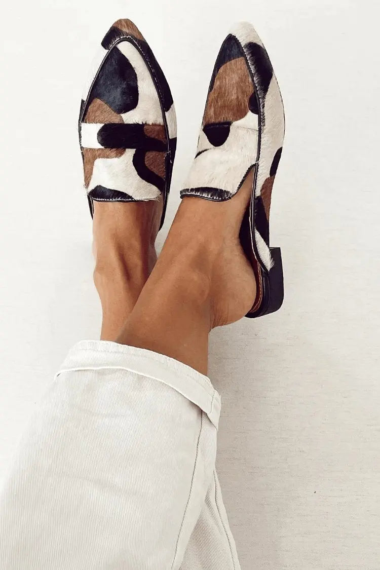 Women's Leather Loafers Abstract Cow Print Pattern - Black And white