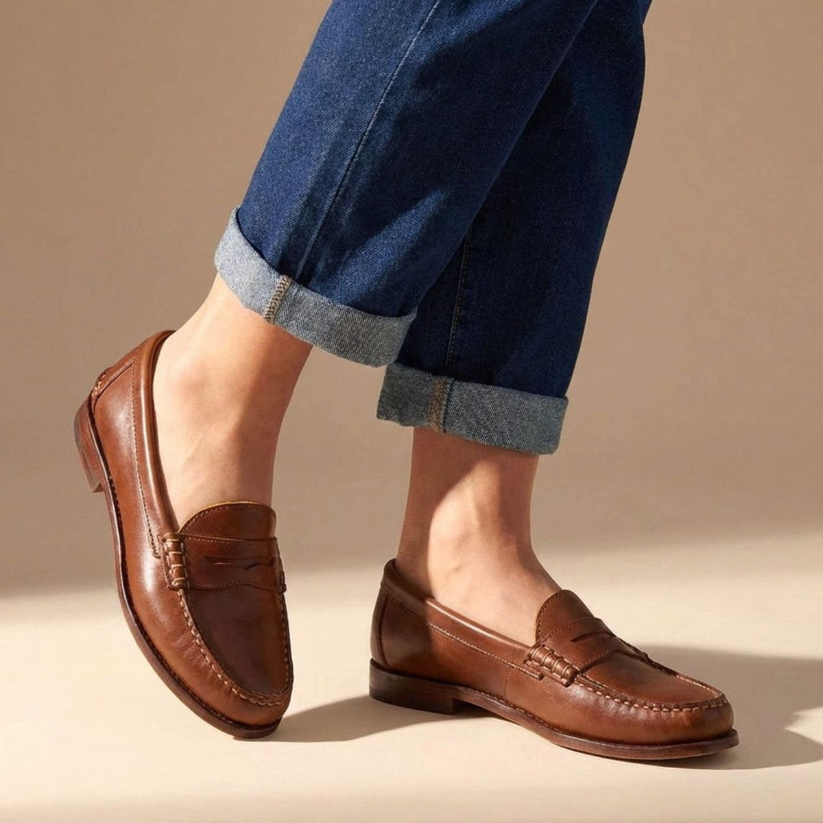 Women's Leather Penny Loafers Moccasin-Stitched Slip-On - Brown