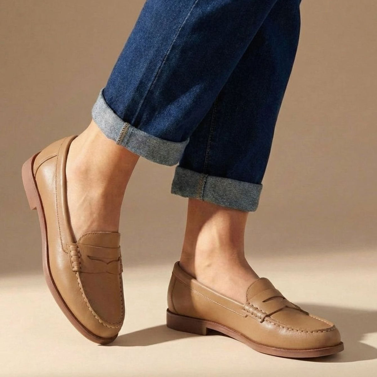 Women's Leather Penny Loafers Moccasin-Stitched Slip-On - Khaki