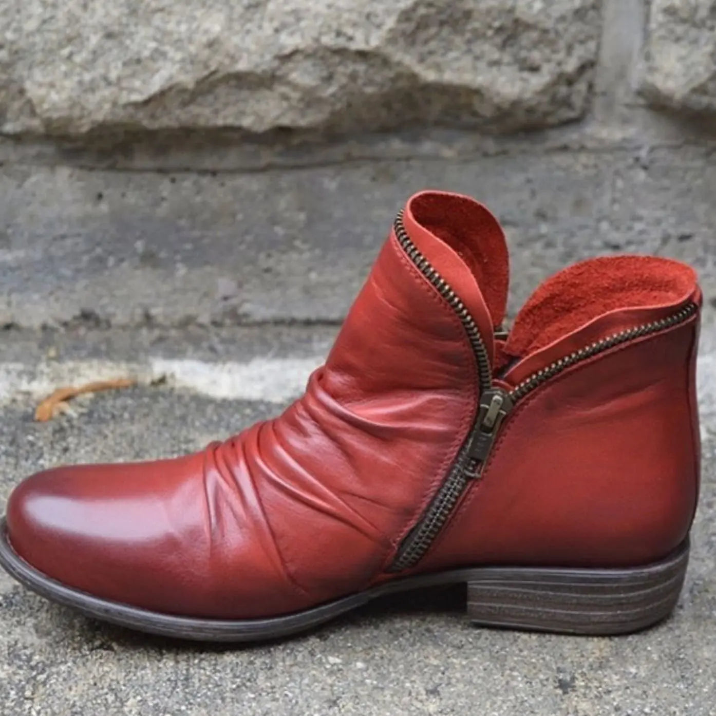 Women's Leather Side-Zip Ruched Ankle Boots - Red
