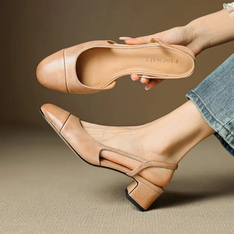 Women's Leather Slingback Pumps Almond Toe Block Heel - Apricot