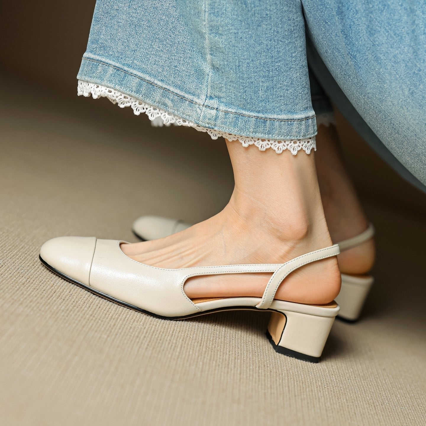 Women's Leather Slingback Pumps Almond Toe Block Heel