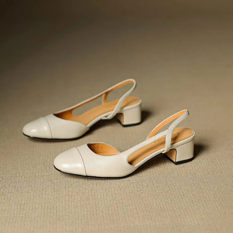 Women's Leather Slingback Pumps Almond Toe Block Heel