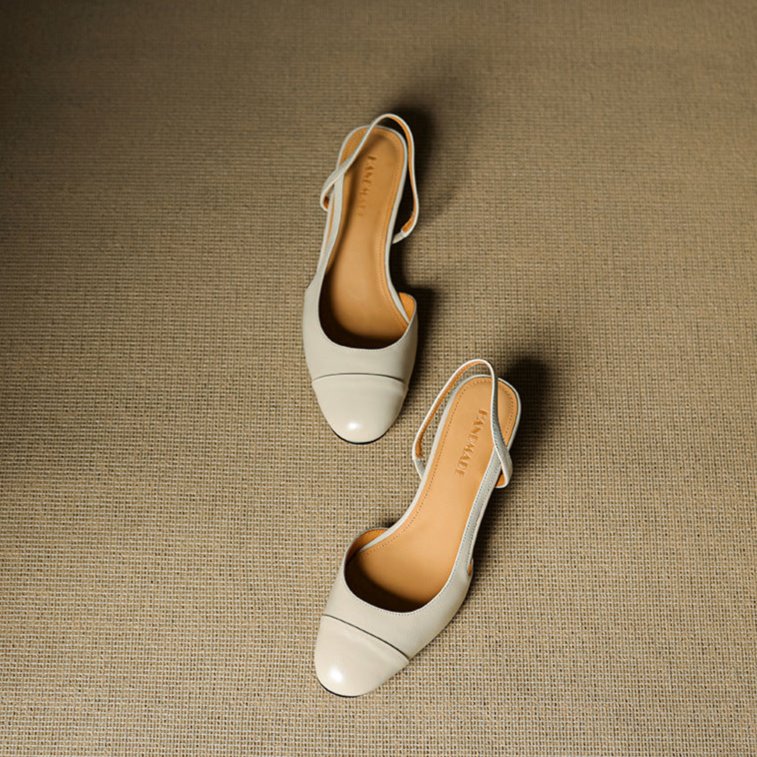 Women's Leather Slingback Pumps Almond Toe Block Heel