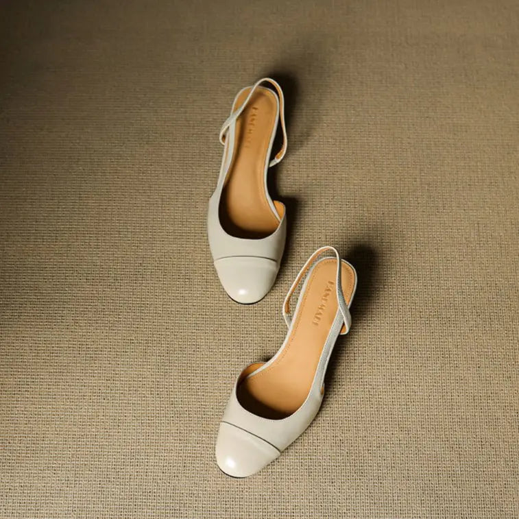 Women's Leather Slingback Pumps Almond Toe Block Heel