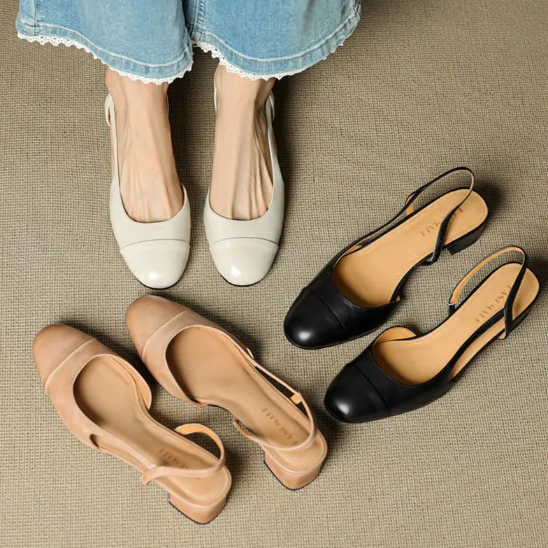 Women's Leather Slingback Pumps Almond Toe Block Heel