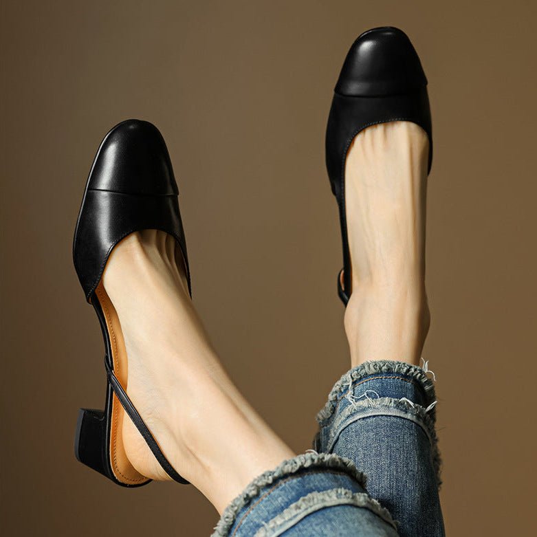 Women's Leather Slingback Pumps Almond Toe Block Heel