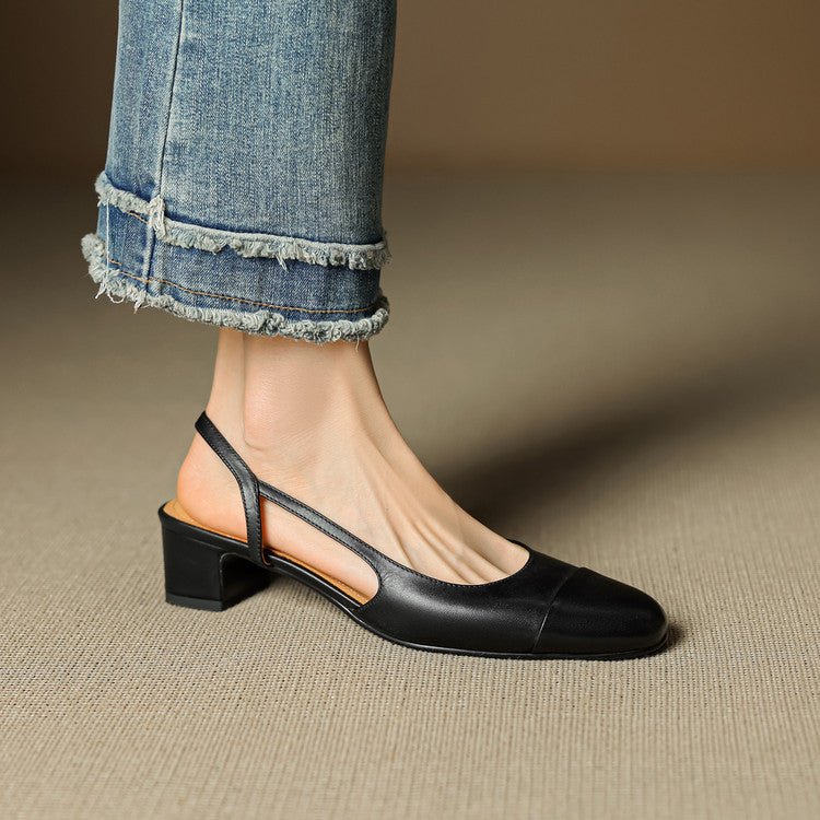 Women's Leather Slingback Pumps Almond Toe Block Heel - Black