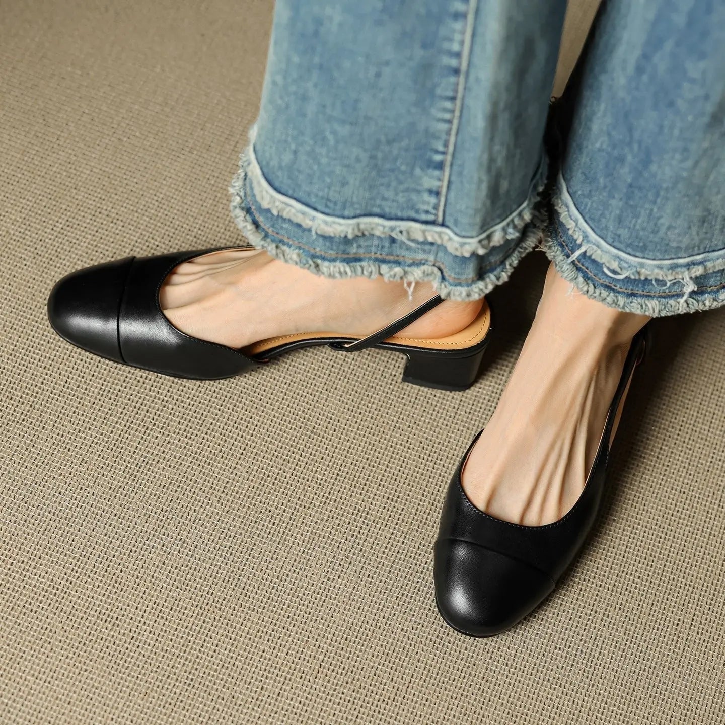 Women's Leather Slingback Pumps Almond Toe Block Heel