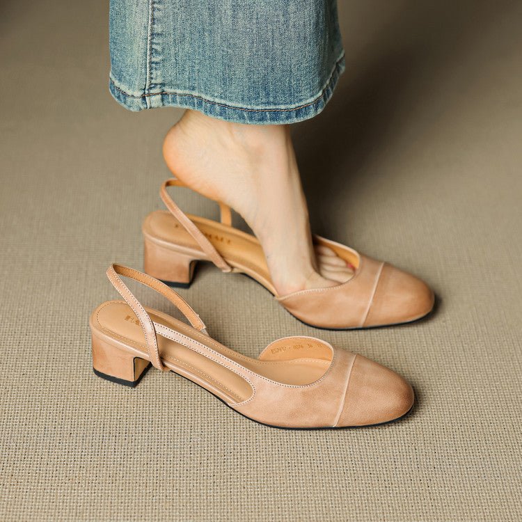 Women's Leather Slingback Pumps Almond Toe Block Heel