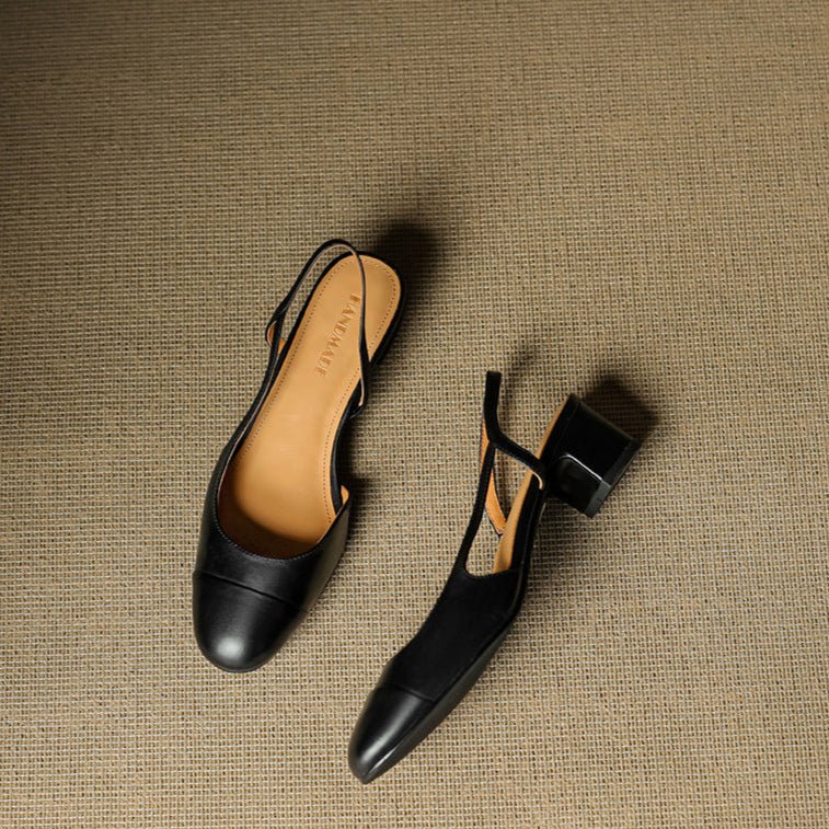 Women's Leather Slingback Pumps Almond Toe Block Heel