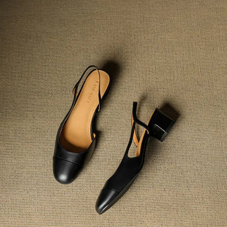 Women's Leather Slingback Pumps Almond Toe Block Heel