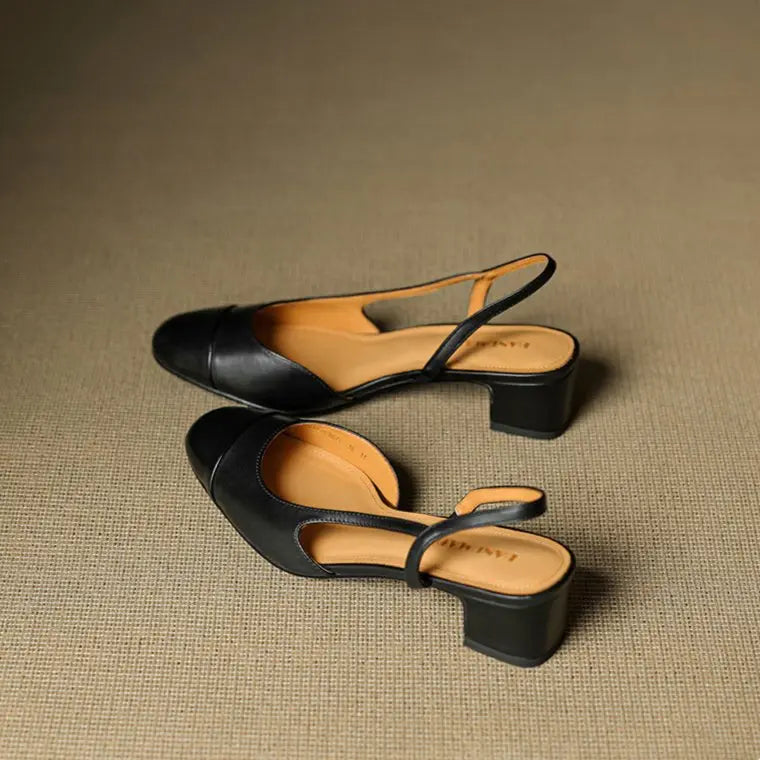 Women's Leather Slingback Pumps Almond Toe Block Heel