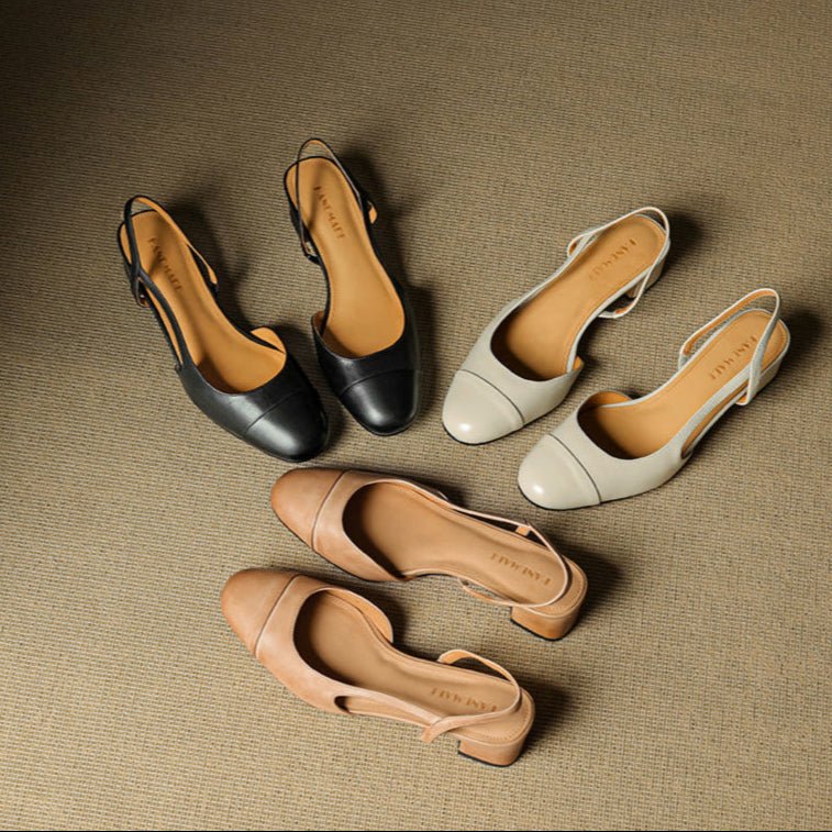 Women's Leather Slingback Pumps Almond Toe Block Heel