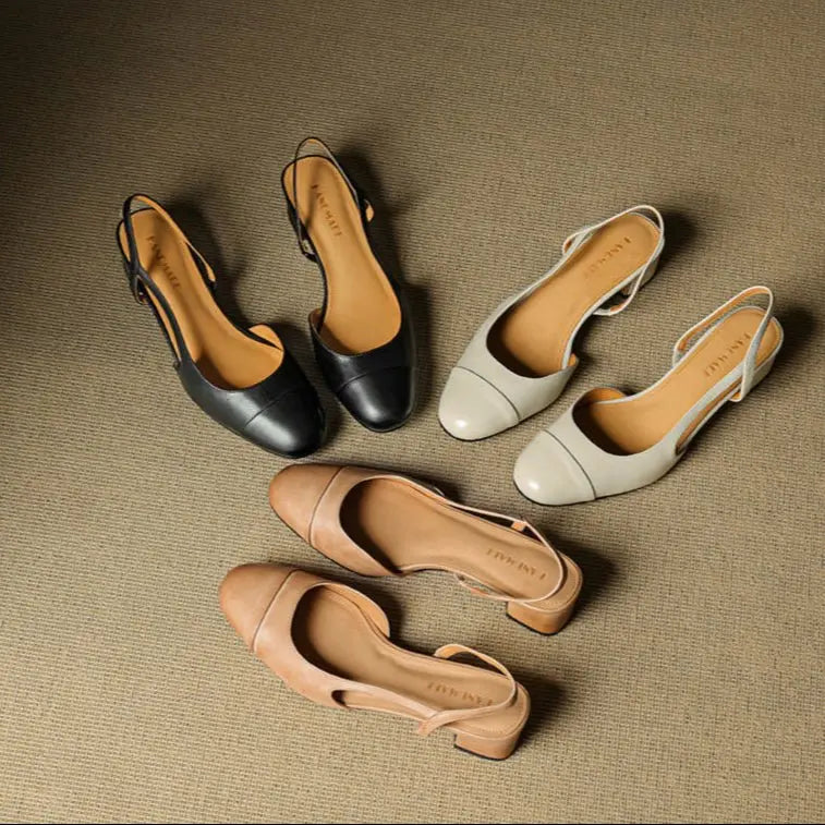 Women's Leather Slingback Pumps Almond Toe Block Heel
