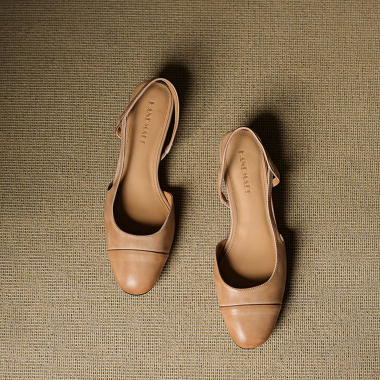 Women's Leather Slingback Pumps Almond Toe Block Heel