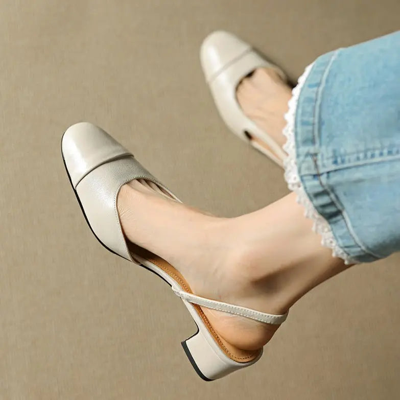Women's Leather Slingback Pumps Almond Toe Block Heel