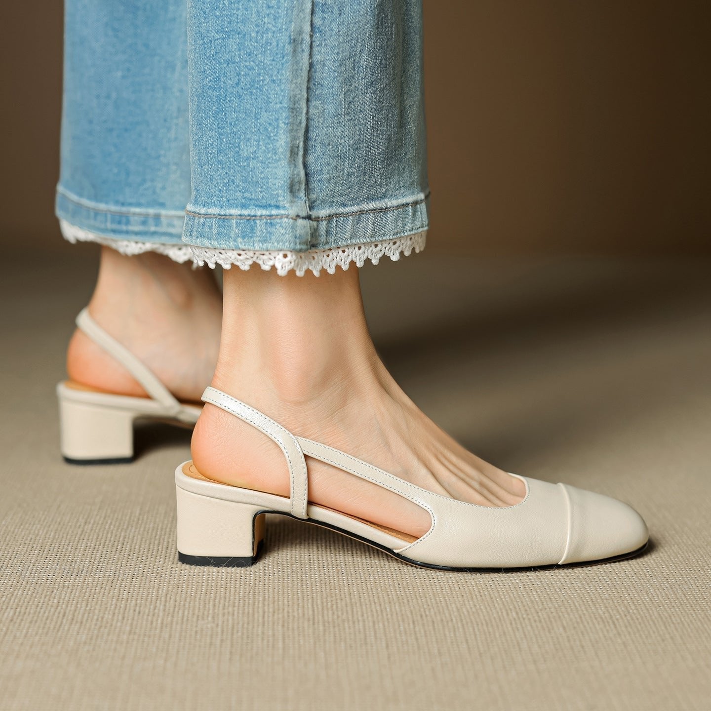 Women's Leather Slingback Pumps Almond Toe Block Heel