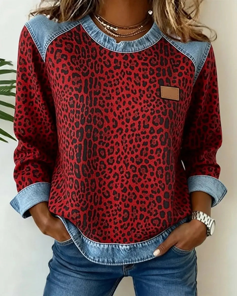 Women's Leopard Print Denim Patchwork Pullover Sweater - Red
