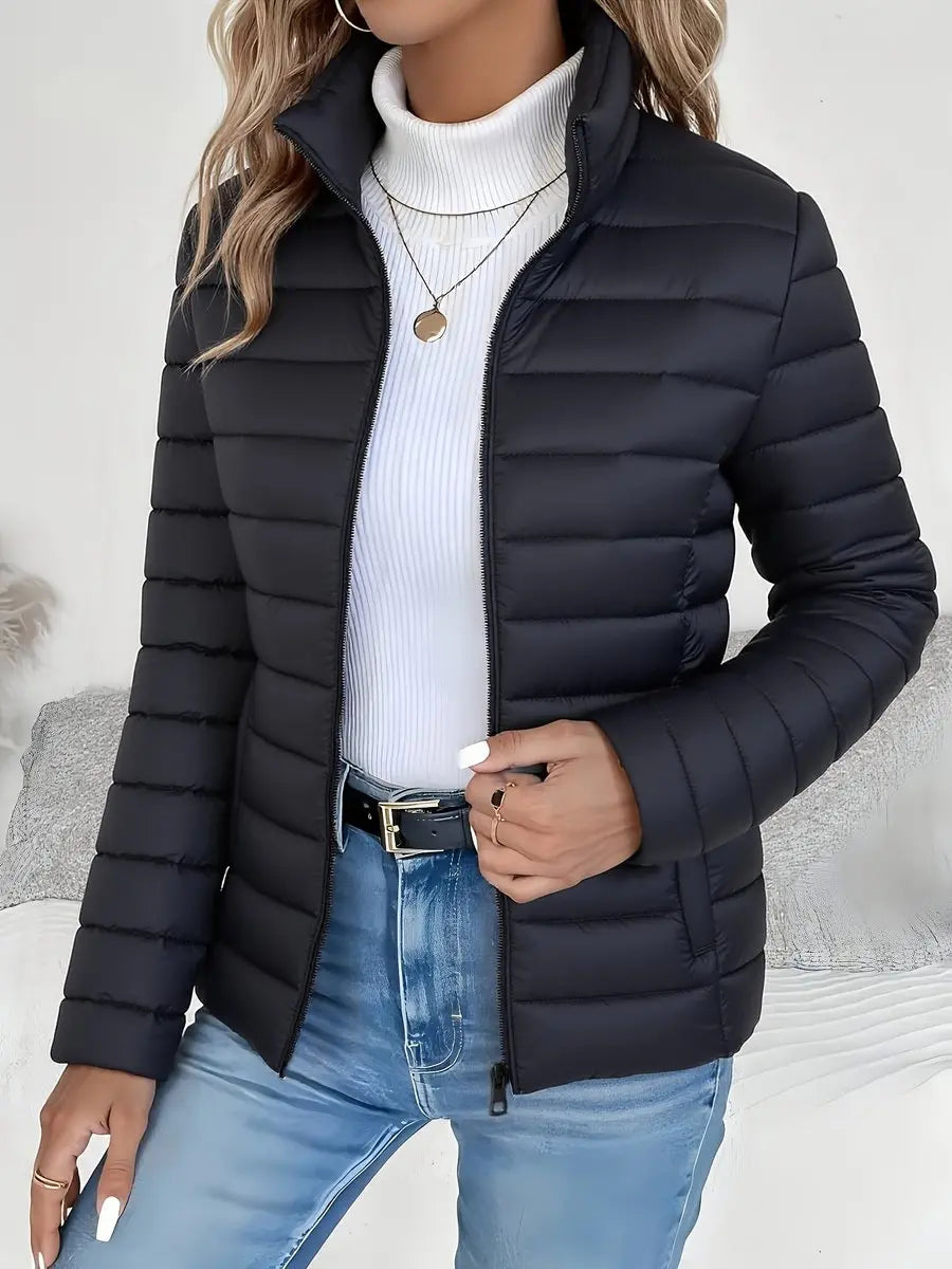 Women's Lightweight Quilted Puffer Coat Stand Collar Zip-Up - Black