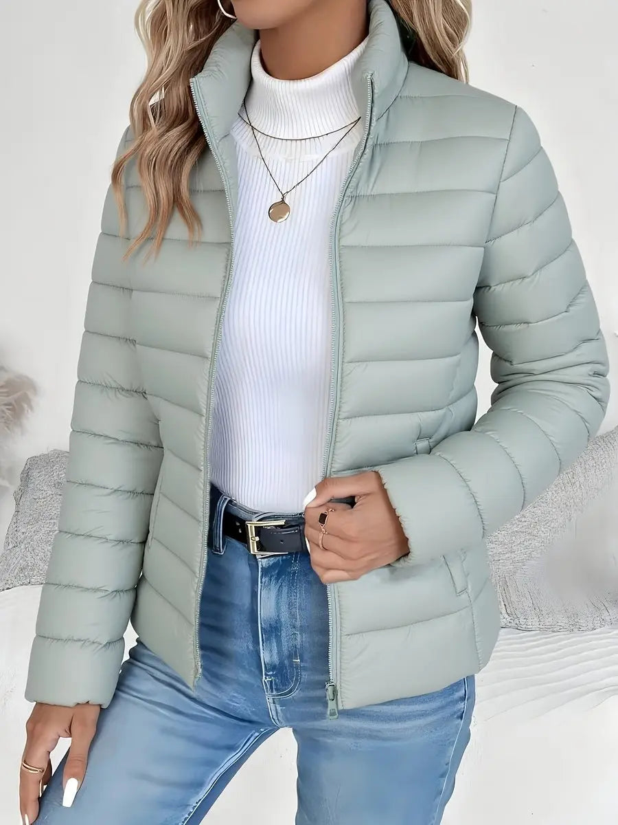 Women's Lightweight Quilted Puffer Coat Stand Collar Zip-Up - Light Green