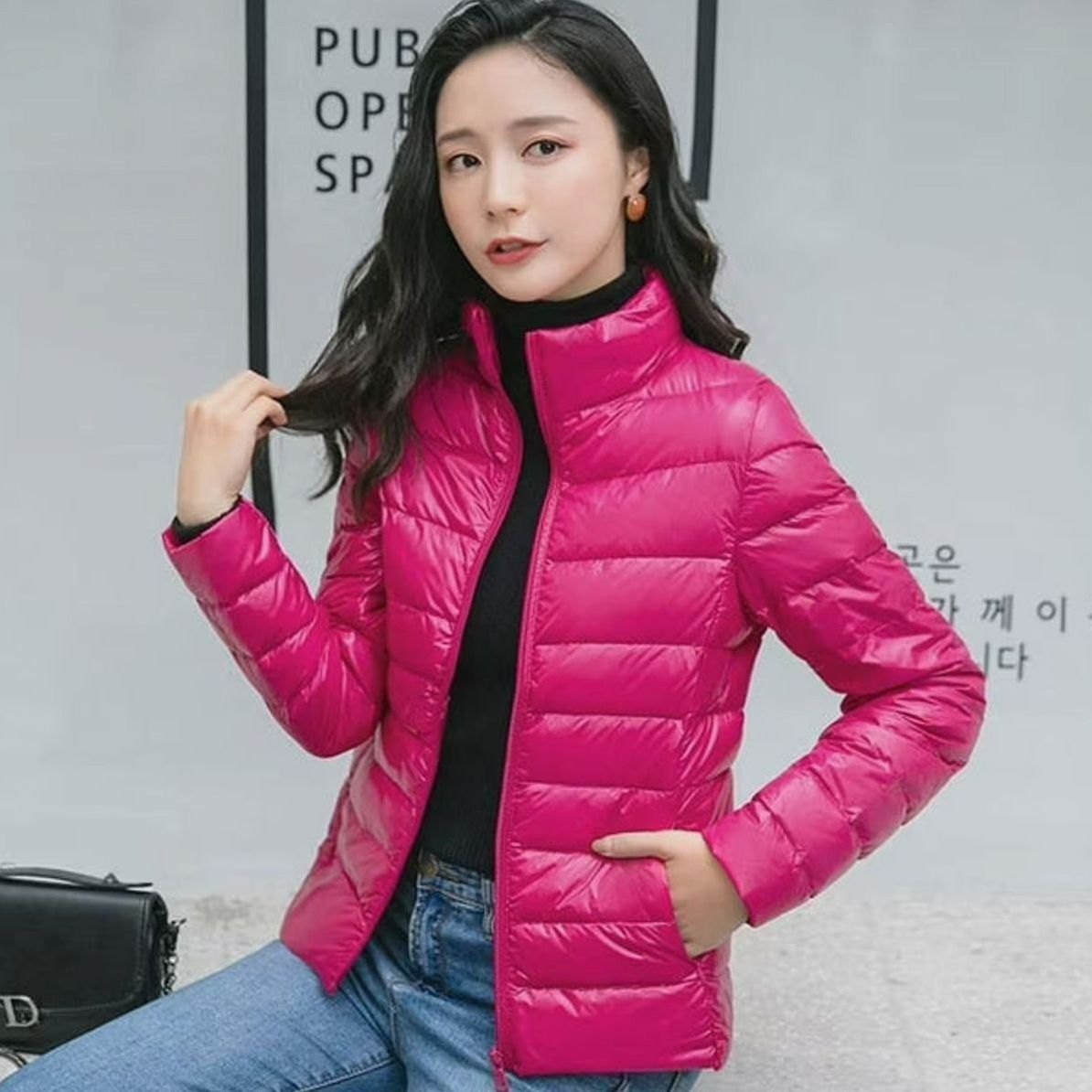 Women's Lightweight Quilted Stand-Collar Spring Jacket - Dark Pink