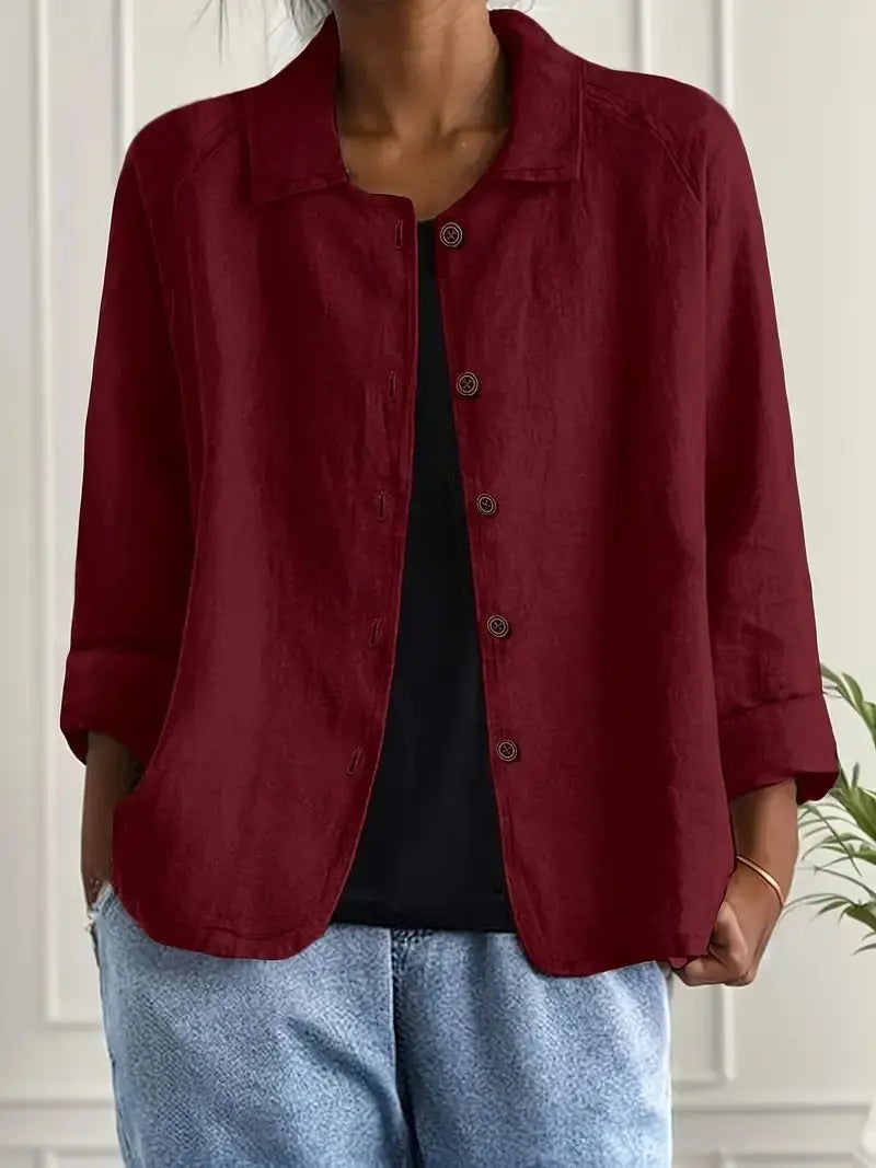 Women's Linen Blazer Lightweight Jacket Button Front - Crimson