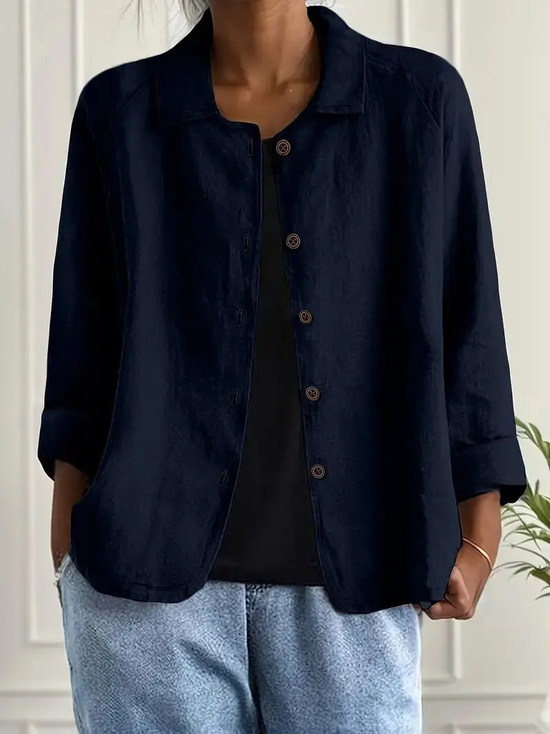 Women's Linen Blazer Lightweight Jacket Button Front - Navy Blue