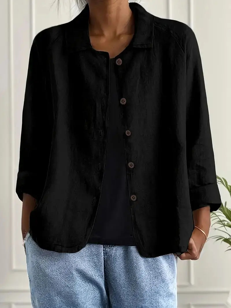 Women's Linen Blazer Lightweight Jacket Button Front - Black