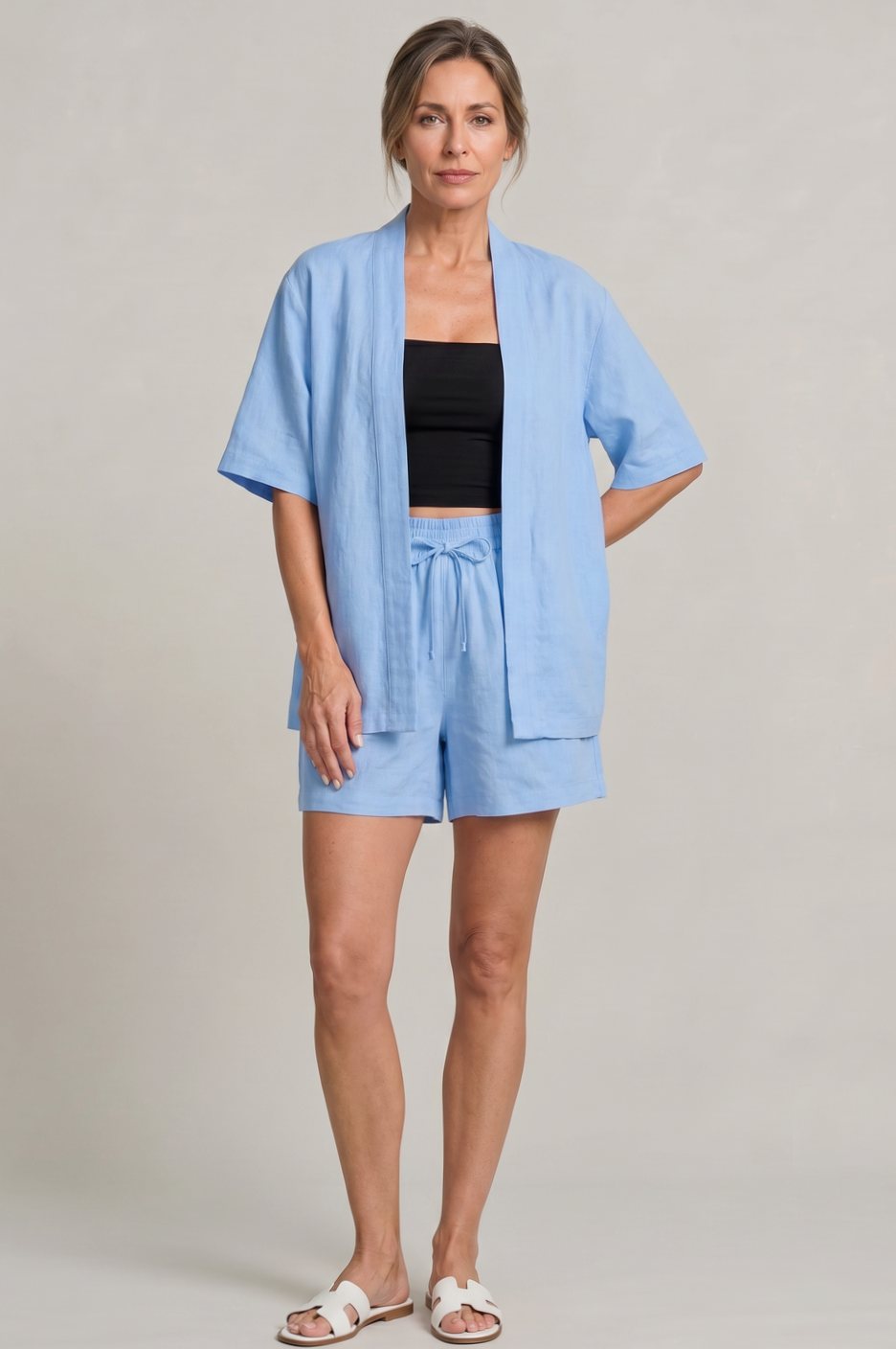 Women's Linen Blend Open-Front Short-Sleeve Cardigan Shorts Set
