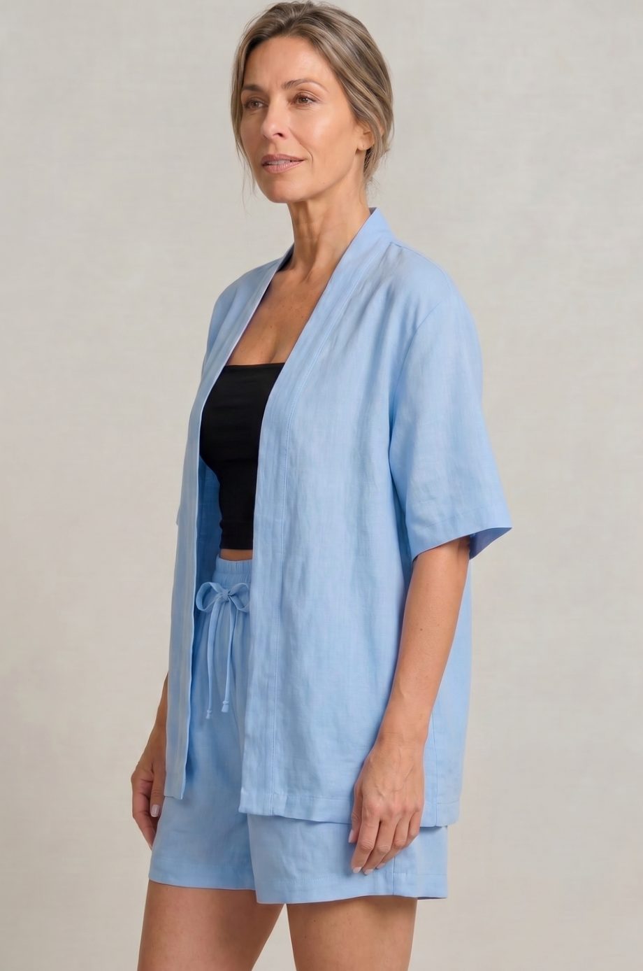 Women's Linen Blend Open-Front Short-Sleeve Cardigan Shorts Set