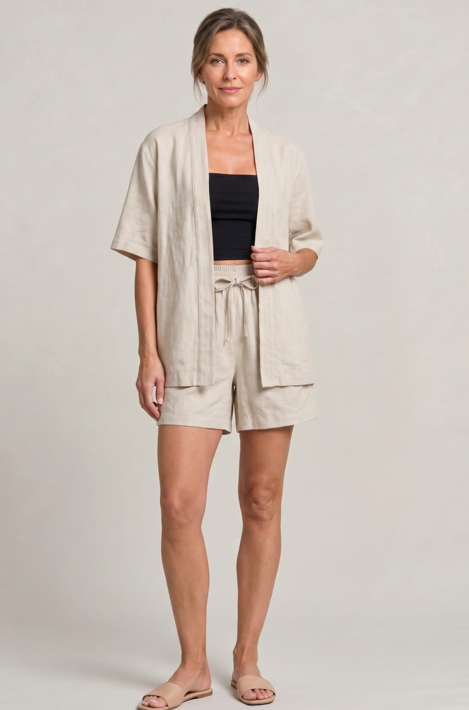 Women's Linen Blend Open-Front Short-Sleeve Cardigan Shorts Set