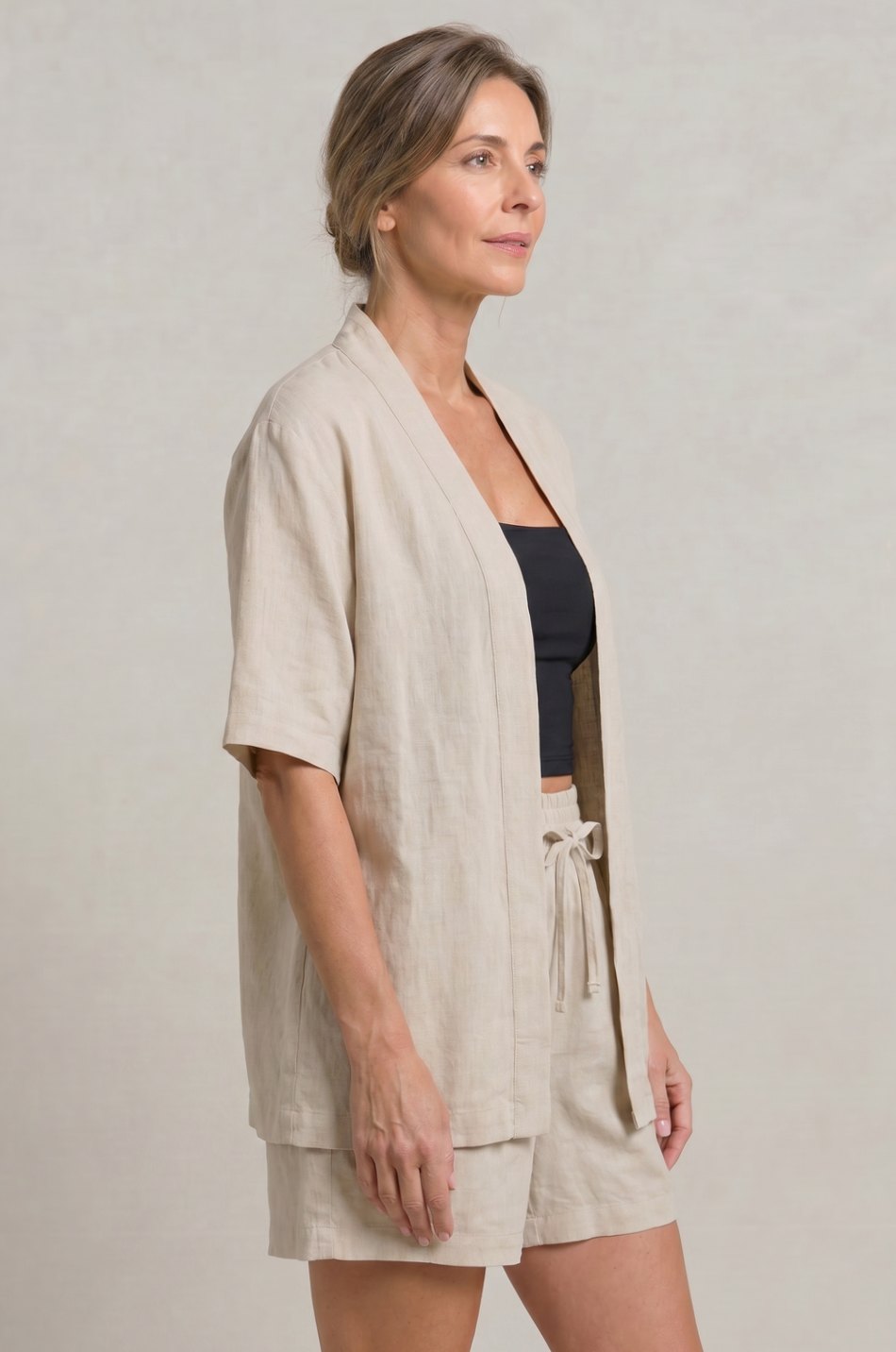 Women's Linen Blend Open-Front Short-Sleeve Cardigan Shorts Set