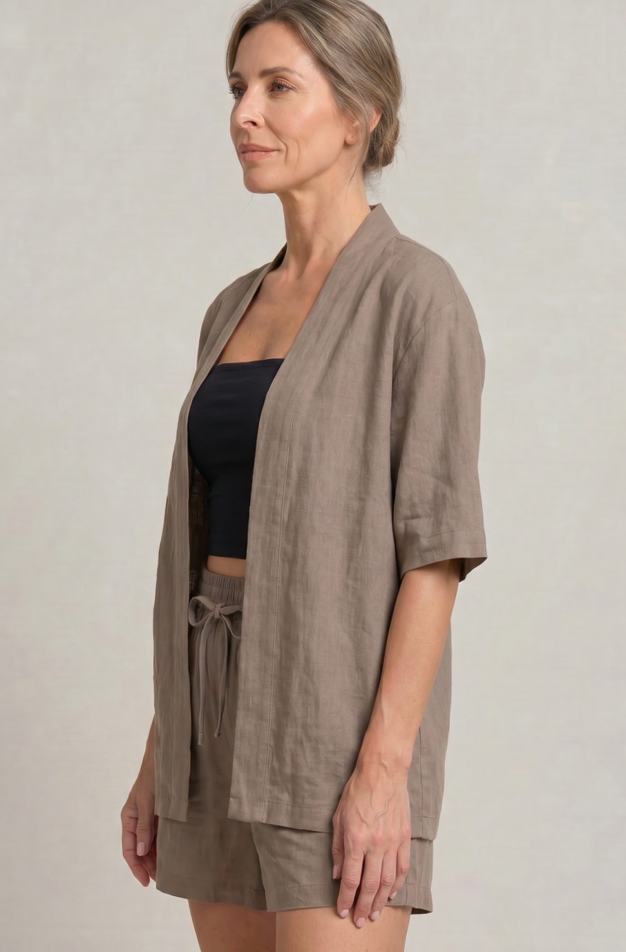 Women's Linen Blend Open-Front Short-Sleeve Cardigan Shorts Set