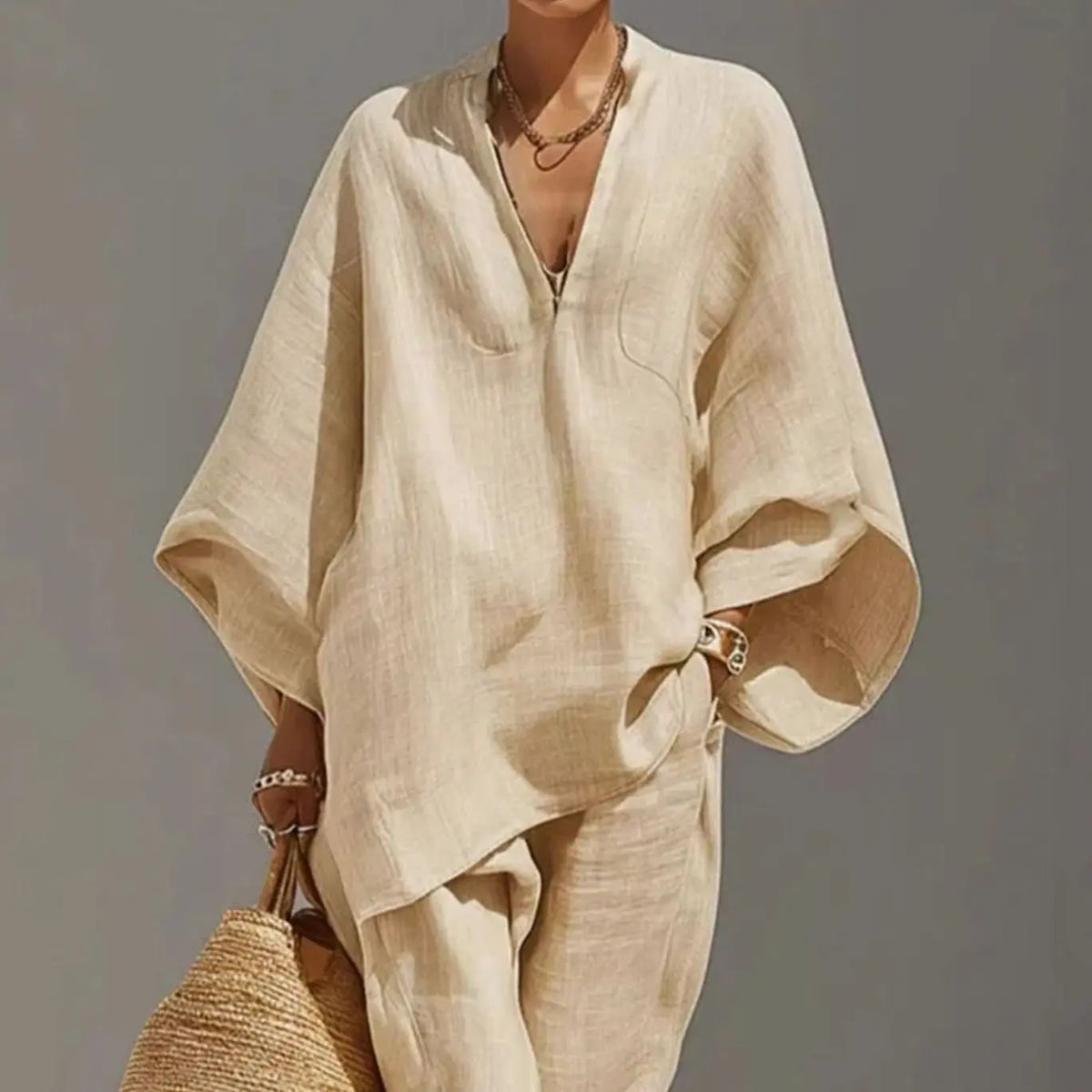 Women's Linen Blend Wide-Sleeve V-Neck Two-Piece Lounge Set