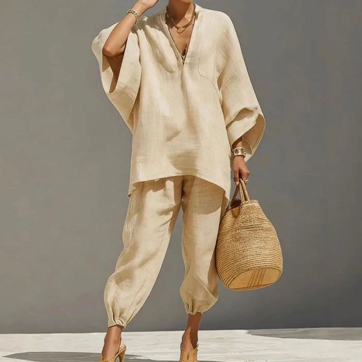 Women's Linen Blend Wide-Sleeve V-Neck Two-Piece Lounge Set - Apricot