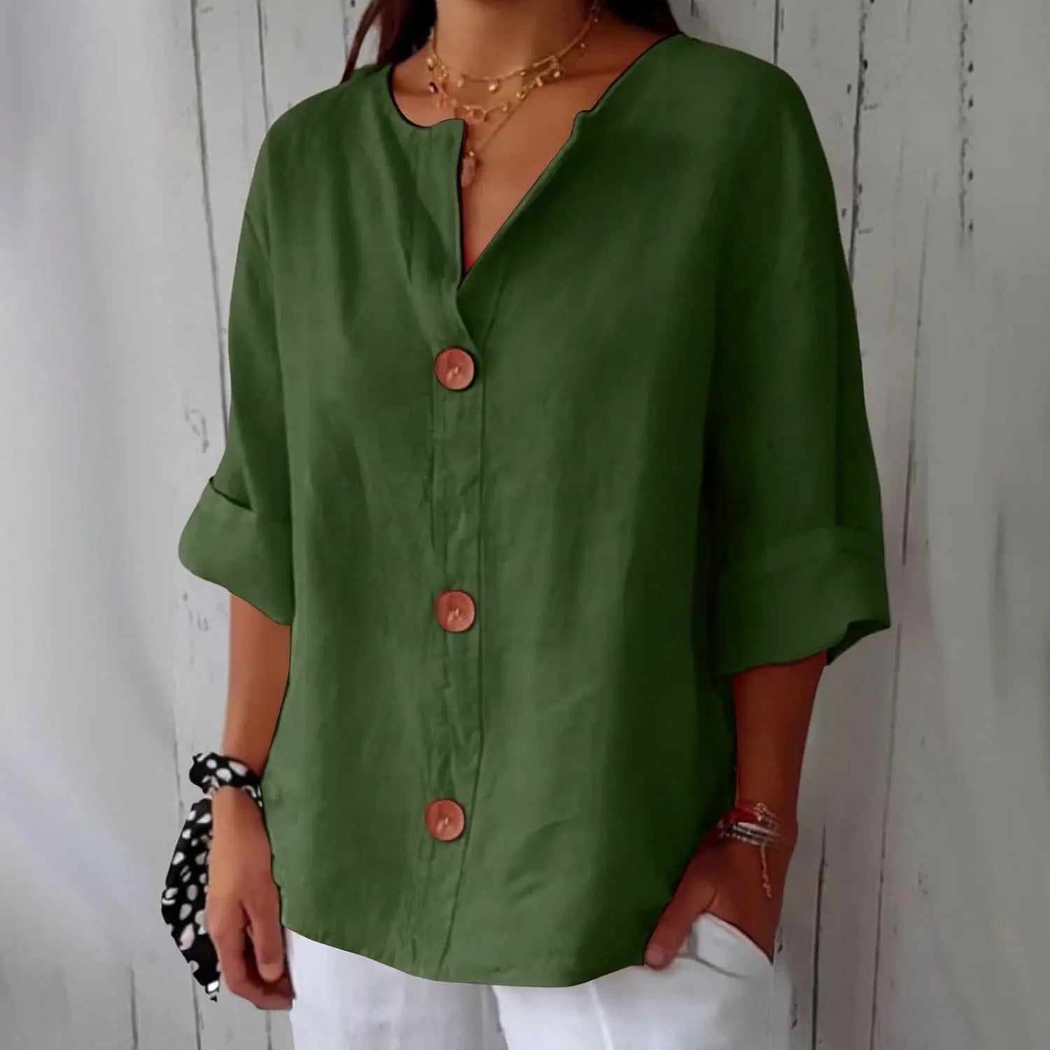 Women's Linen Blouse Button Front Three Quarter Sleeve - Grün