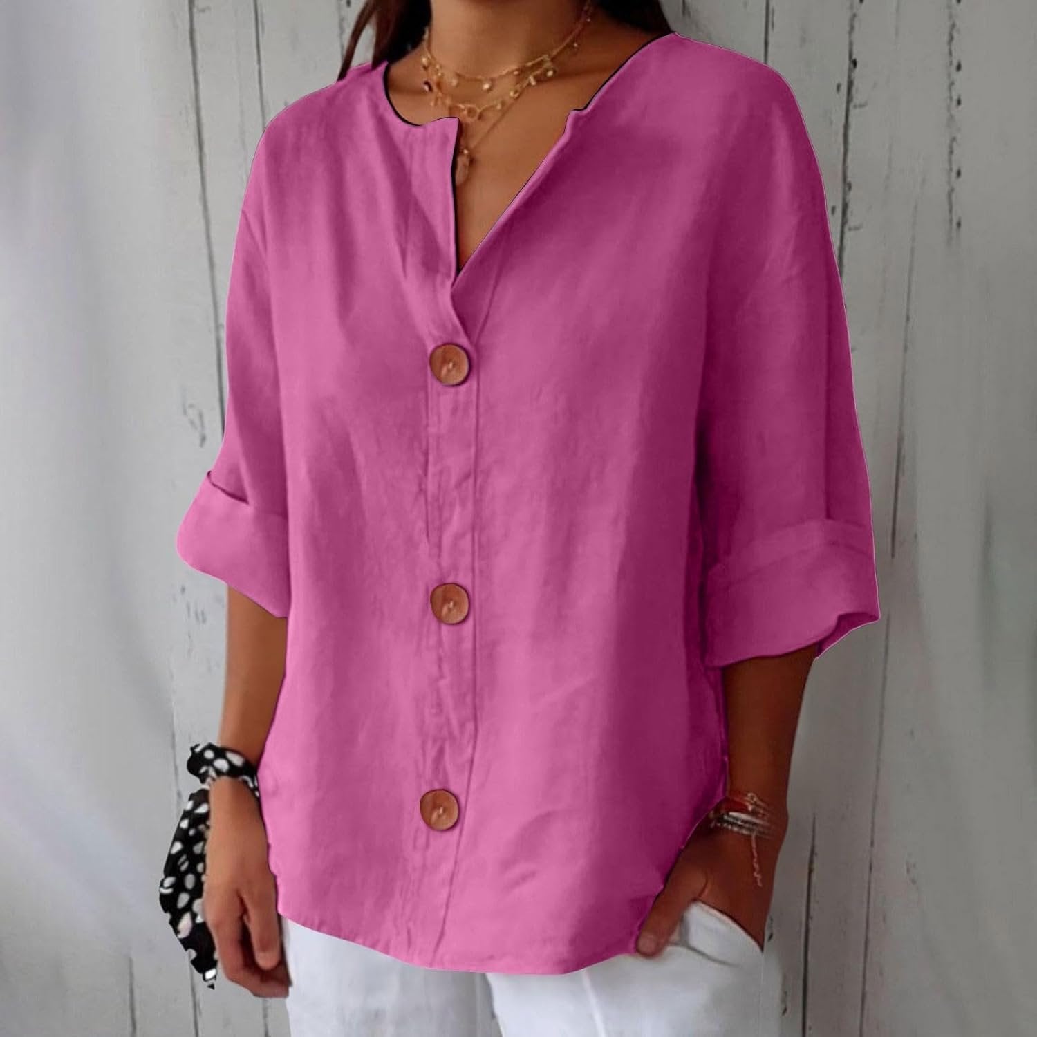 Women's Linen Blouse Button Front Three Quarter Sleeve - Rosa