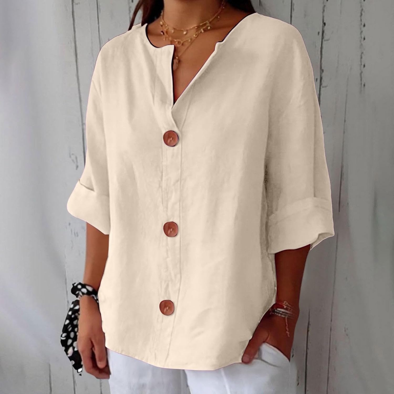 Women's Linen Blouse Button Front Three Quarter Sleeve - Beige