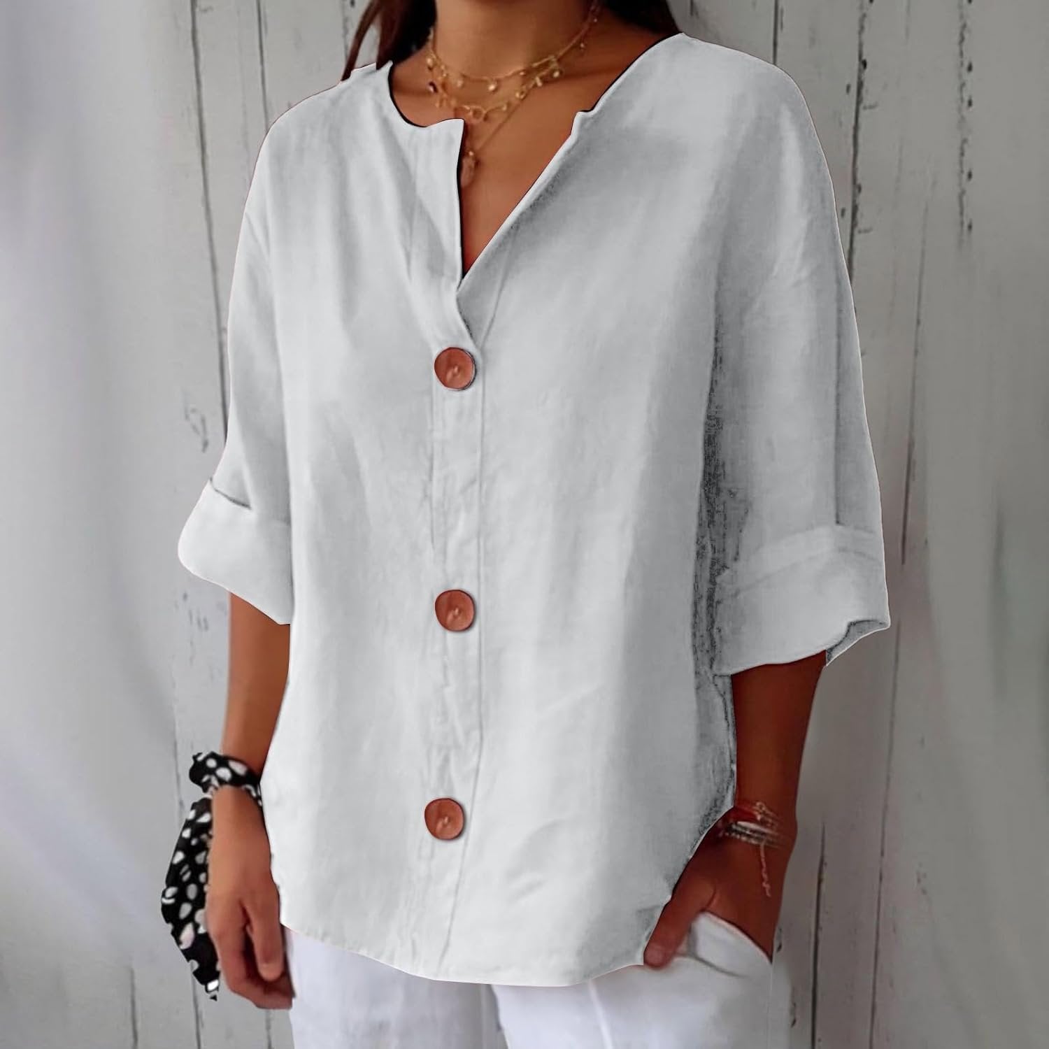 Women's Linen Blouse Button Front Three Quarter Sleeve - Weiß