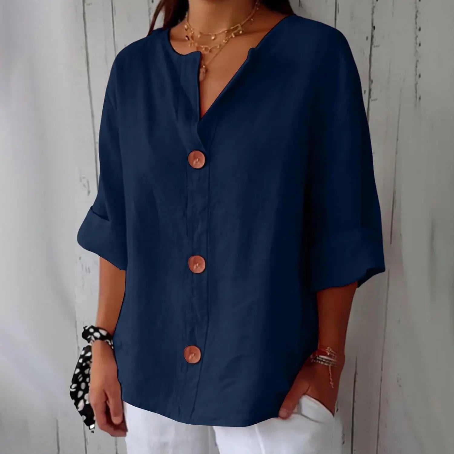 Women's Linen Blouse Button Front Three Quarter Sleeve - Blau